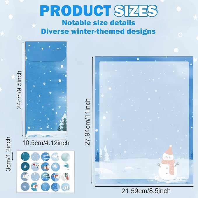 250Pcs Christmas Winter Stationery Paper and Envelope Set with 100 Letterhead Papers and 50 Envelopes,10 Design for Letter Writing Invitations Computer Holidays Party Notes, 8.5x11 Inch-Snowman