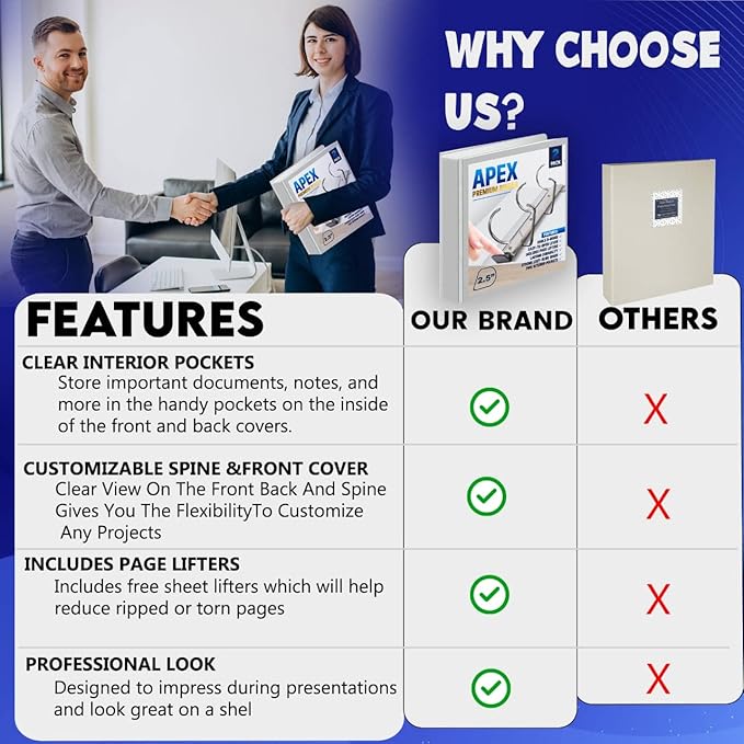 2 Pack of 2.5” Smooth Opening Angle D-Ring View Binders, Professional Presentation Folder for Standard Pages with Inside Pockets, and Customizable Clear View Binder PVC-Free