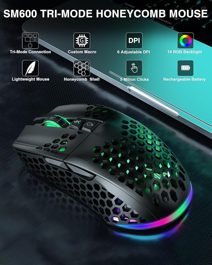 SM600 Honeycomb Shell Gaming Mouse Wireless,8000 DPI Tri-Modes BT5.1/2.4G Wireless/Type-C Wired Gamer Mouse with 2 Side Buttons, Macro Programmable and RGB Light for PC/Mac/Laptop,Black