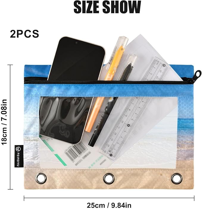 ALAZA Pencil Pouch for 3 Ring Binder, Beach and Tropical Ocean Binder Pencil Pouches with Clear Window Zipper Pencil Case Cosmetic Bags for Office College Supplies, 2PCS