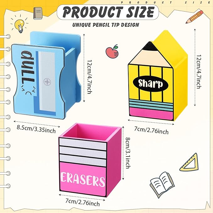3 Pcs Sharp and Dull Pencil Holder Eraser Buckets Wooden Shaped Dispenser Finished Pen Holder No DIY for Back to School Teachers Classroom Management(Plain)
