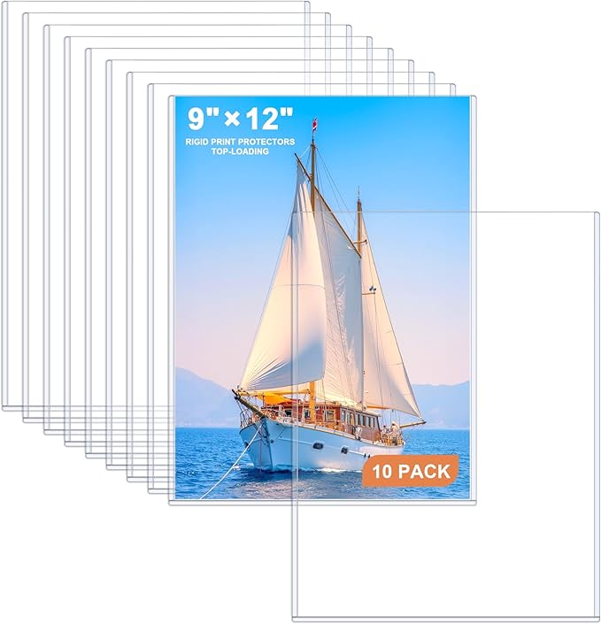 Ndsox 10 Pack 9" x 12" Rigid Print Protectors Clear Hard Plastic Sheet Protectors Top Loading for Photographs, Photo Papers, Posters, Prints, Birth Certificates, Heavy Duty No-Hole Rigid Photo Sleeves