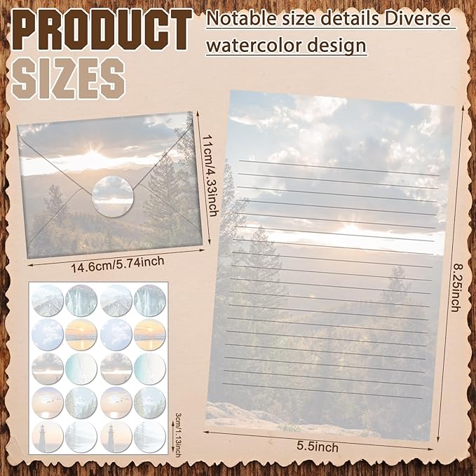 TaoBary 160 Pcs Stationery Paper Set 50 Double Sided Stationery Papers with 50 Matching Envelopes and 60 Round Dot Sticker, 10 Design(Scenic Nature,5.5 x 8.25 Inch)
