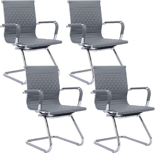 Office Guest Reception Chairs Set of 4 - Modern PU Leather Mid Back Conference Room Chairs for Waiting Room, Desk - Grey