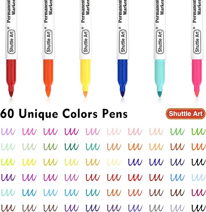 Shuttle Art 60 Colors Permanent Markers, Fine Point, Assorted Colors, Works on Plastic,Wood,Stone,Metal and Glass for Doodling, Coloring, Marking