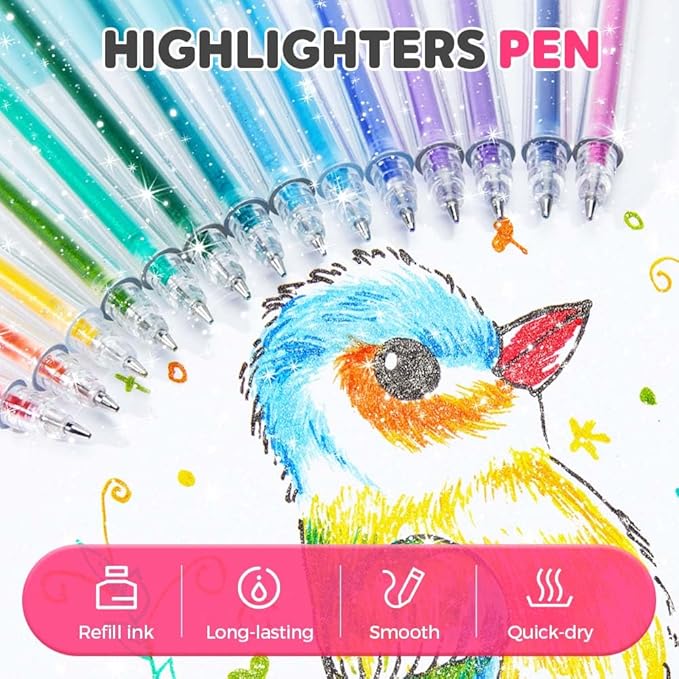 Glitter Gel Pen Set, Multi-Functional Colored Drawing Pens for Scrapbooking, Portable Journaling Crafting Doodling Drawing Glitter Pens for Adults School Supplies (24-Color)