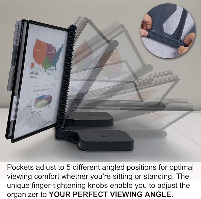 Ultimate Office AdjustaView 20-Pocket Desk Reference Organizer with Easy-Load Pockets and Compact Weighted Base for Stability, Black Pockets