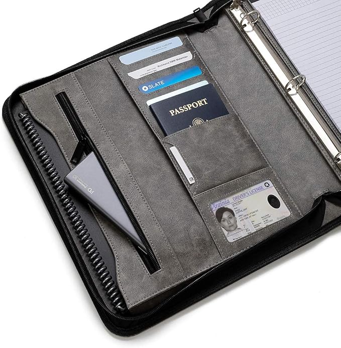 Forevermore Portfolios Padfolio Binder - Professional Faux Leather Travel Organizer Pouch for Tablet, Documents, Presentation Folders, Zipper Closure, Detachable 3-Ring Notepad - Gray