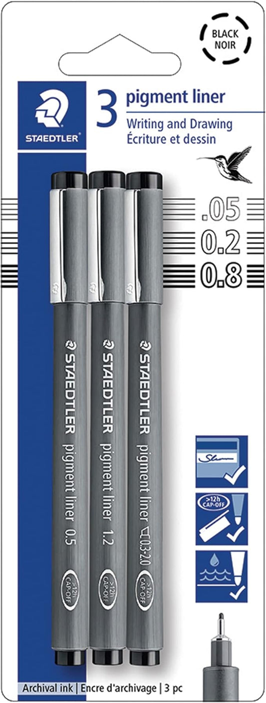 STAEDTLER Pigment Liner Pack, Black, 3 Pens, Assorted Line Widths 0.5mm/1.2mm/Chisel, 308-9S2BK3