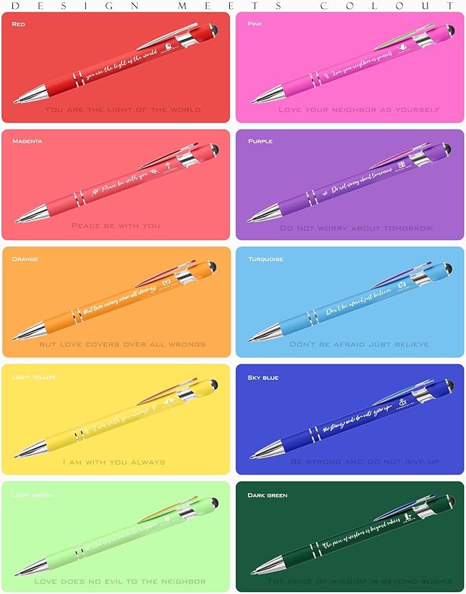 Christian Pens 2-in-1 Stylus & Bible Verse Pens, Black Ink, 50-Pack, Modern, Unisex, Office, Medium Point, Aluminum, Rainbow Theme, Retractable, Smooth Grip, Adult, Note Taking & Writing