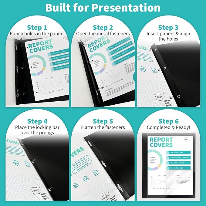 Binditek 10 Pack Heavy-Duty Clear Front Report Covers with 3 Prongs, 100-Sheet Capacity, Plastic Report Folder with Black Back Covers, 3 Metal Prongs Fasteners, for Letter Size, Office Supplies