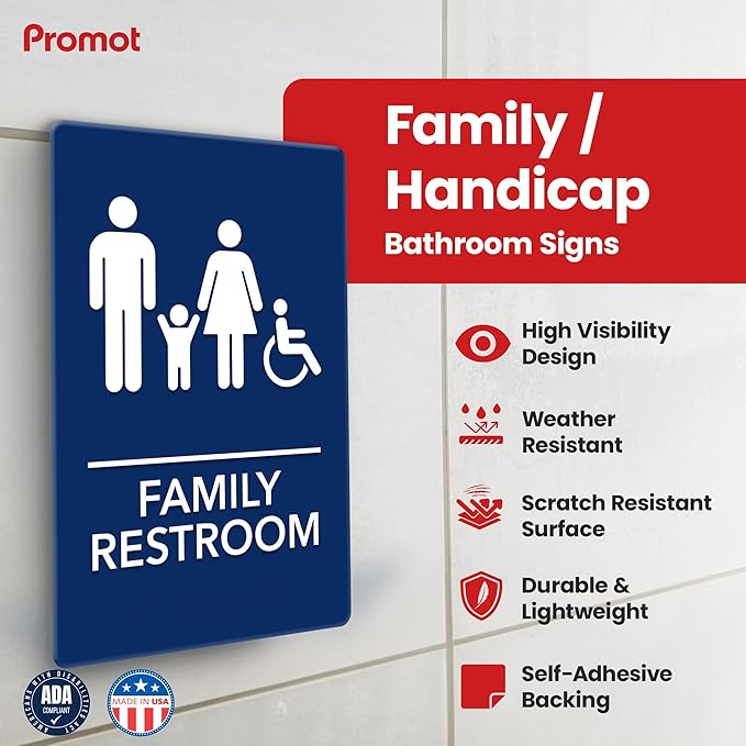 Promot Family Restroom Sign – ADA Braille Bathroom Sign for Business, Self-Adhesive, 9" x 6", Commercial Door Signage, Office Wall Decor - Blue