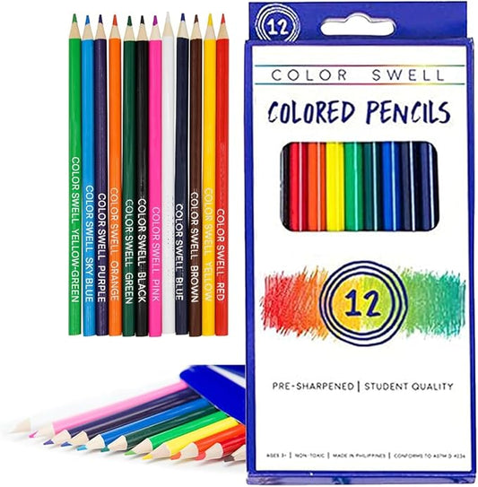 Color Swell Colored Pencil Pack 12 Count Assorted Vibrant Pre-Sharpened Colors Perfect for Kids, Teachers, Classrooms, and All Ages
