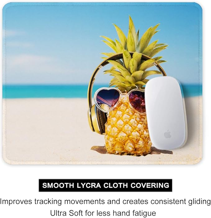 Auhoahsil Mouse Pad, 12 x 10 in Beach Theme Computer Mouse Pad for Desk, Premium-Textured Non-Slip Rubber Stitched Edges Waterproof Square Mouse Mat for Gaming Work Wireless Mice, Pineapple