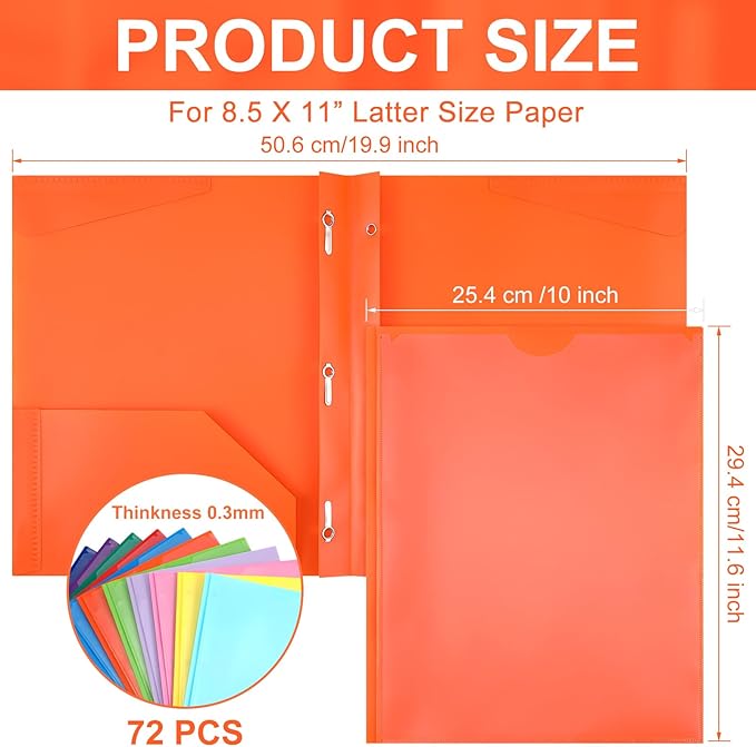 Cholemy 72 Pcs Plastic Folders with Clear Front Pocket Bulk Pocket Folders with Prongs Fasteners Letter Size School Folders Heavy Duty Pocket Folder with Card Slot for School Office(Assorted Colors)