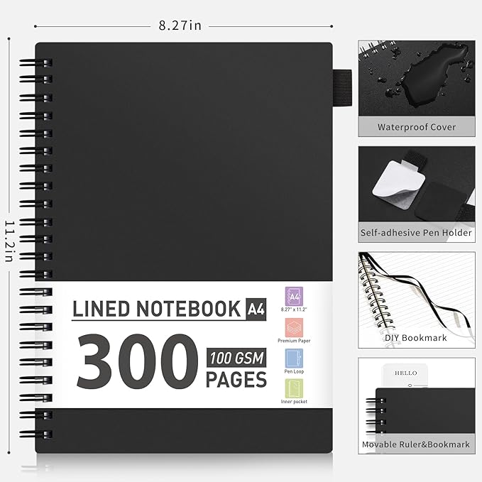 AHGXG Spiral Notebook College Ruled - Spiral Journal Notebook 8.5" x 11" Large A4, 300 Pages Lined Journal, 100GSM Thick Paper, Plastic Hardcover, for Women Men Office School Writing Work, Black