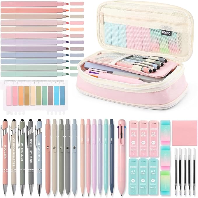 56 PCS Aesthetic School Supplies with Large Pencil Case, 5 Inspirational Ballpoint Pens, 12 Pastel Highlighters, 5 Black Ink Gel Pens, 6 Mechanical Pencils 0.5-0.7mm College Student Essentials (Pink)