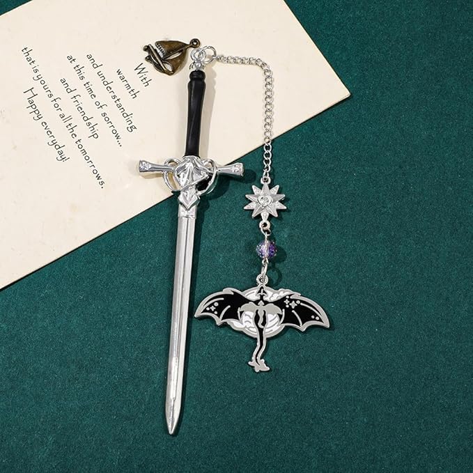 Fantasy Dragon Leather Corner Bookmark, Elegant Metal Dragon Charms Leather Page Saver, Chic Book Accessory for Bookworms, Great Gift for Dragon & Book Lovers (Dragon Sword C)