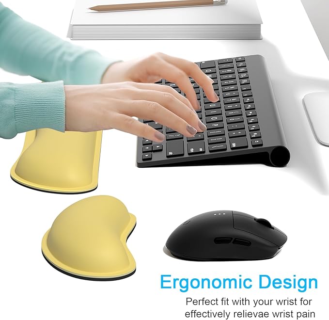 Dapesuom Keyboard Wrist Rest Set, Cute PU Leather Wrist Cushion for Computer Keyboard and Mousepad, Memory Foam Mouse Pad Rests Support with Non-Slip Base for Typing Pain Relief, Laptop, Lemon Yellow