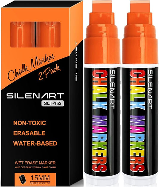 SILENART Orange Chalk Markers 2 Pack -15mm Jumbo Wide Thick Tip Auto Car Markers - Dry Erase Markers Pen - Orange Liquid Marker Pens for Chalkboard, Window, Glass, Mirror, Blackboard