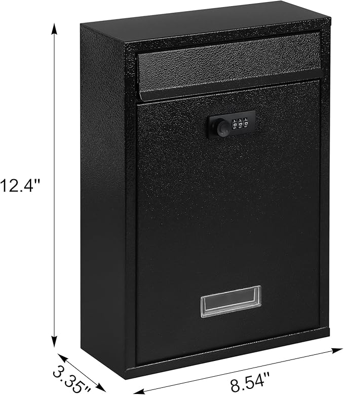 KYODOLED Locking Wall Mount Mailbox, Mail Boxes with Combination Lock for Outside, Security Drop Box with Code,12.4H x 8.54L x 3.35W Inches, Black