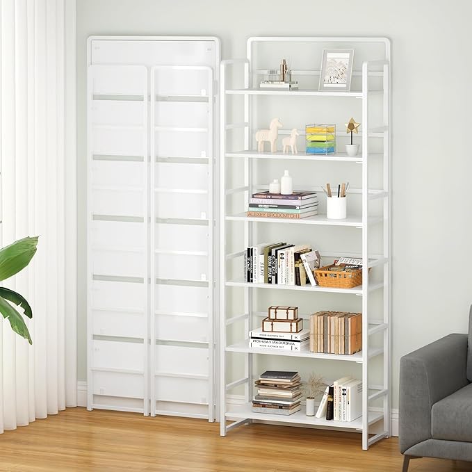 4NM No Assembly 6 Tiers Folding Bookshelf Storage Shelves Vintage Bookcase Standing Racks Study Organizer Home Office (All White)