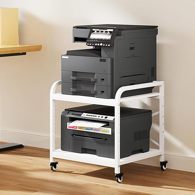 20 Inches Large Printer Stand, 2-Tier Under Desk Printer Table with Height Adjustable Shelf, Rolling Printer Cart with Industrial Wheels for Home Office (White)