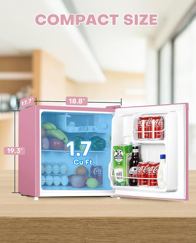 Upstreman 1.7 Cu.ft Mini Fridge with Freezer, Dorm Essentials, Adjustable Thermostat, Energy Saving, Low Noise, Single Door Compact Refrigerator for Dorm, Office, Bedroom, Pink-FR17