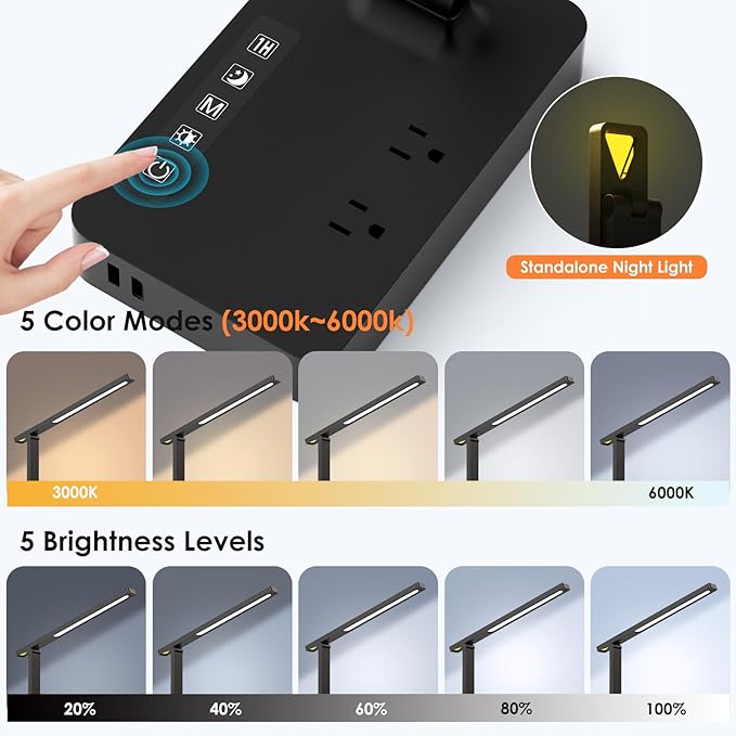 Infiway Desk Lamp with USB Charging Port: LED Desk Lamps for Home Office - 1 USB-A, 1 Type-C Charging Port, 2 AC Power Outlets, Touch Control Dimmable 5 Color 5 Brightness, Night Light(Black)