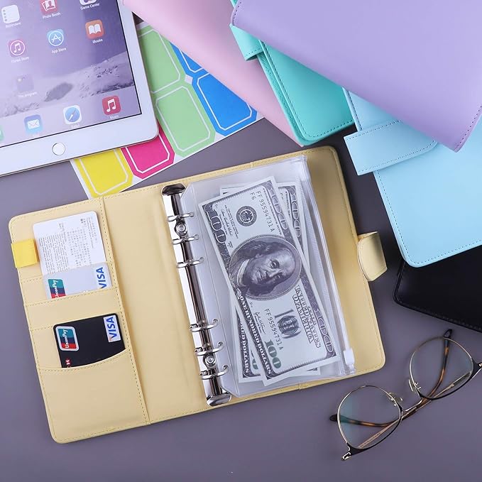 Antner A6 Budget Binder with Zipper Cash Envelopes for Money Organizer & Budgeting, PU Leather Budget Planner Money Saving Binder with Cash Stuffing Envelopes & Labels for Home Office Travel, Yellow