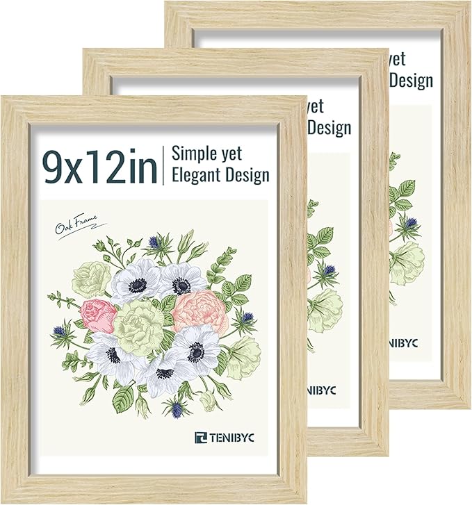 9x12 Picture Frames Set - 3 Pack - Natural Oak Wood - Tempered Glass - for Wall Photos, Family Memories, Posters & Puzzles, Home Decor