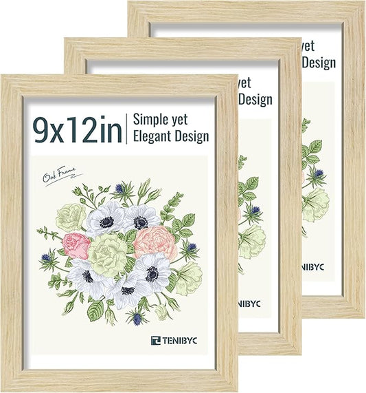 9x12 Picture Frames Set - 3 Pack - Natural Oak Wood - Tempered Glass - for Wall Photos, Family Memories, Posters & Puzzles, Home Decor