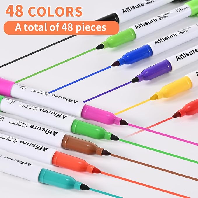 48 Colors Permanent Markers, Assorted Colors Vibrant Markers, Fine Point，Works on Wood, Plastic, Metal, and More, for Adults, Artist, Teacher, Kids, 48 Pack