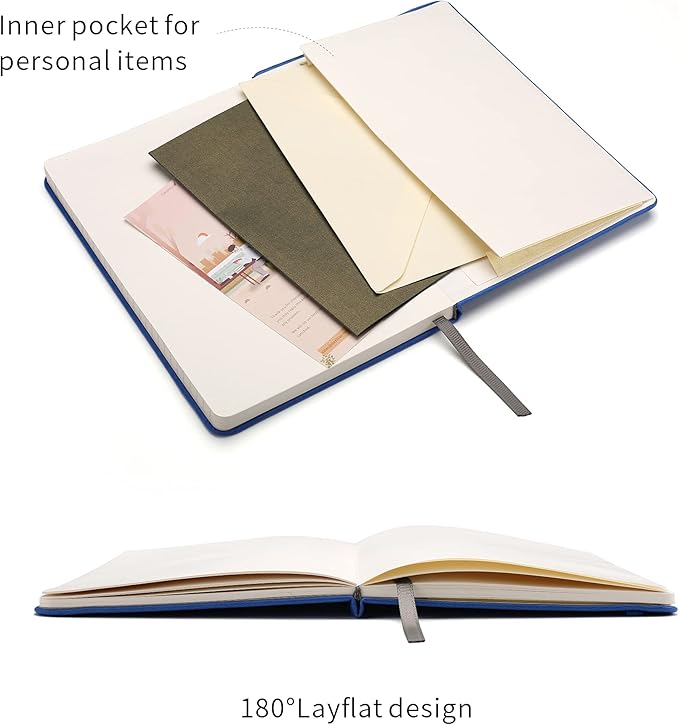 Deziliao Hardcover Notebook Journal 160 Pages, Lined Journal Notebooks for Work, 100Gsm Premium Thick Paper with Pocket, Medium 5.7"x8.4" （Blue, Ruled）