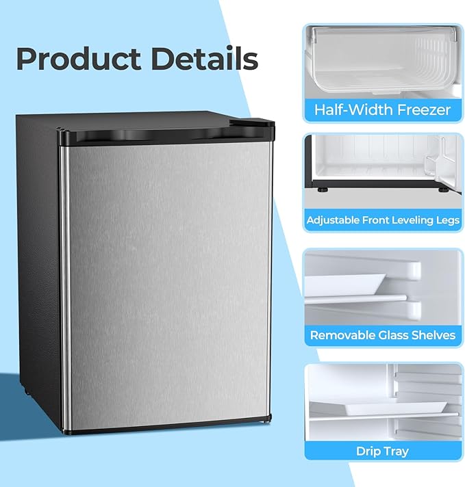 Antarctic Star 2.56 Cu.Ft. Mini Fridge with Freezer, Small Refrigerators with Adjustable Thermostat, Low Noise, Energy Saving, Compact Refrigerators for College Dorm, Office, Bedroom, Stainless Steel