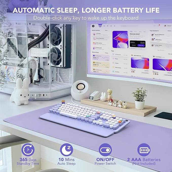 Wireless Keyboard, Round Keycaps, Retro Typewriter Keyboard with Detachable Wrist Rest, Sleep Mode, Foldable Legs, 2.4GHz Full-size Cordless Computer Keyboard for Windows/PC/Laptop (Colorful-Purple)