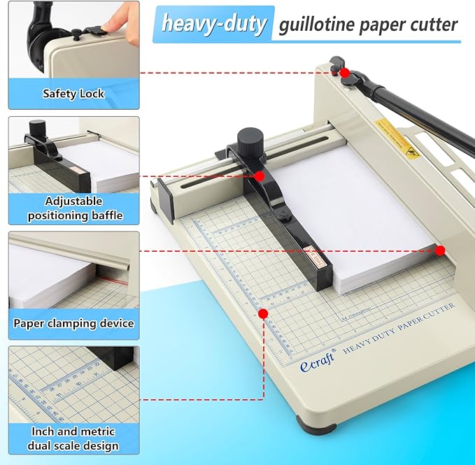 Ecraft Heavy Duty 12" Guillotine Paper Cutter - 400 Sheet Capacity,Solid Steel with HSS Blade,Industrial Commercial Trimmer for Office,School,Print Shop,Safety Lock & Clear Grids