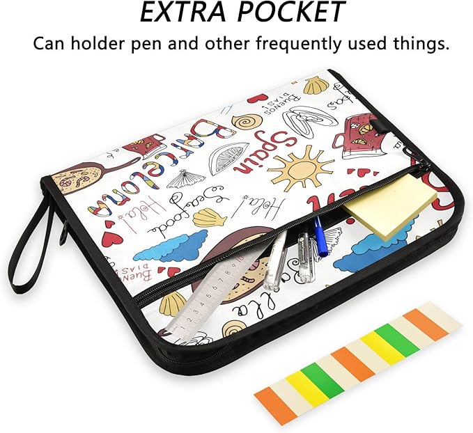 Cute Barcelona Sketch 13 Pockets File Folders Expanding File Folder with Sticky Labels Accordion File Folder with Safe Zipper Document Organizer for Letter A4 Size Paper,Document