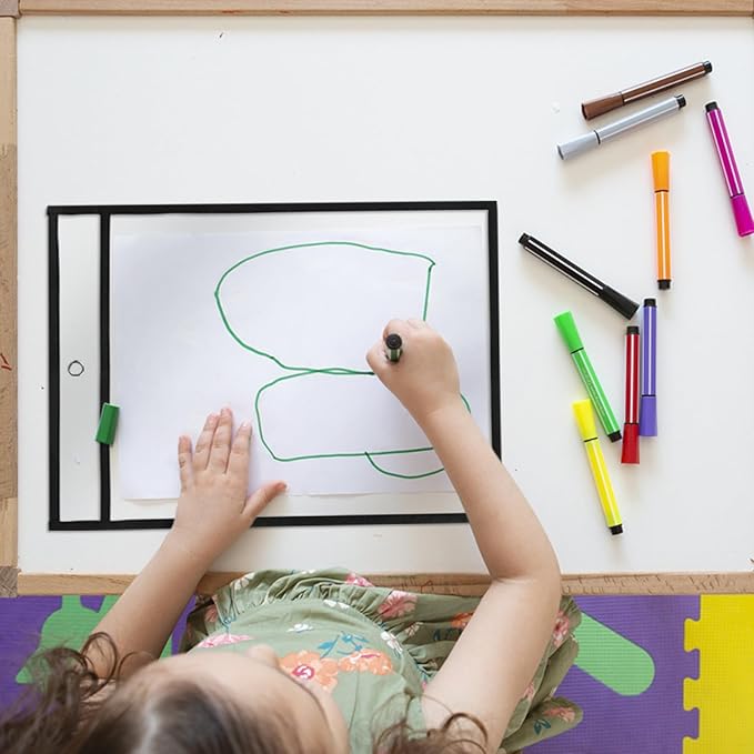 Heavy Duty Dry Erase Pockets 9x12, Job Ticket Holders 50 Pack Plastic Paper Sleeves Sheet Protectors 8.5 x 11 Clear Document Sleeves for Shop Office Classroom Home, Black