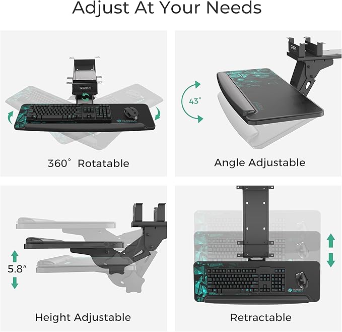 EUREKA ERGONOMIC Height Adjustable Mouse & Keyboard Tray Under Desk, 28x10'' Large Slide Out Swivel Tilt Computer Keyboard Drawer with Mouse Pad for Gaming Home Office Desk, Dual Mount