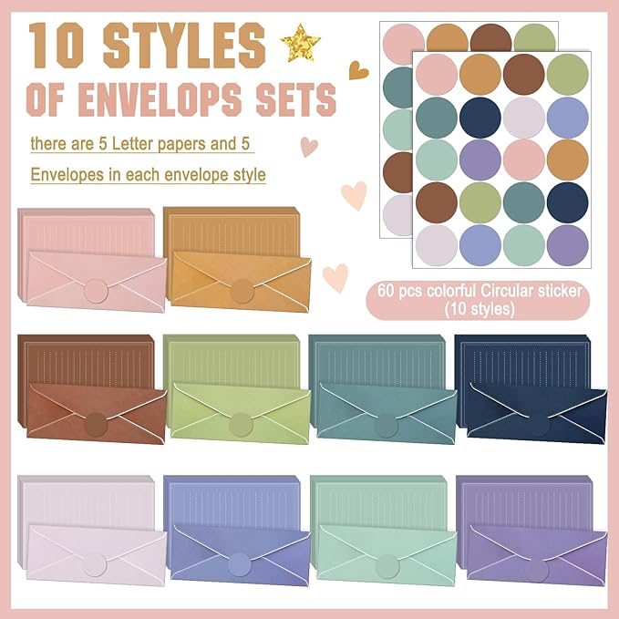 TaoBary 160 Packs Stationery Paper Set (50 Double Sided Stationery Writing Papers 50 Matching Envelopes) 60 Round Dot Sticker, 10 Design(11 x 8.5 Inch,Morandi Color)