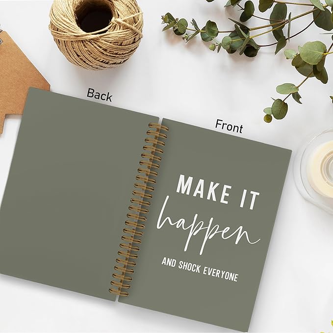 QLMX Make It Happen Motivational Spiral Notebook, Inspirational Journal Notebook, Inspirational Coworker Office Supplies Gifts for Women Men Employee, Green Positive Notebooks for Work, 5.5x8.3 Inch