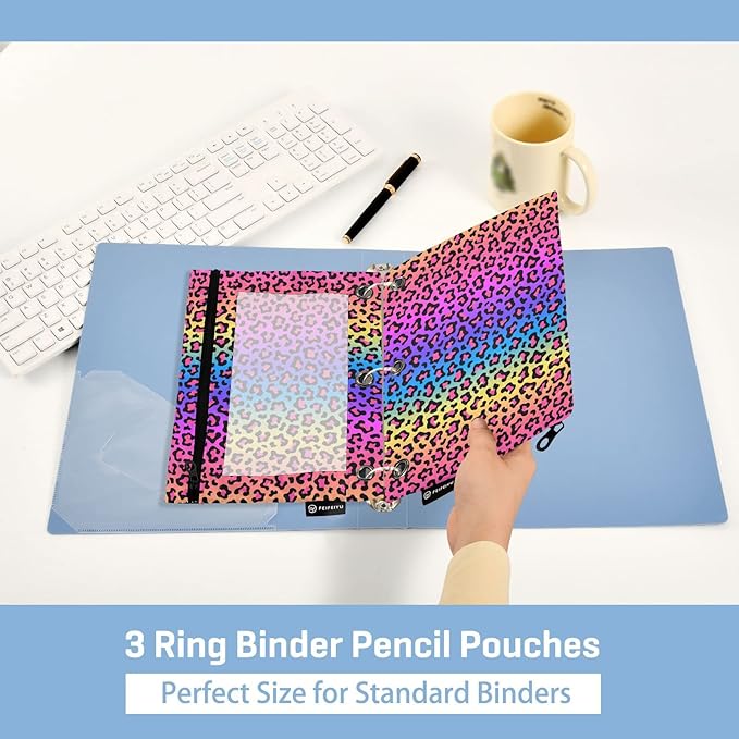 ALAZA Pencil Pouch for 3 Ring Binder, Rainbow Leopard Print Binder Pencil Pouches with Clear Window Zipper Pencil Case Cosmetic Bags for Office College Supplies, 2PCS