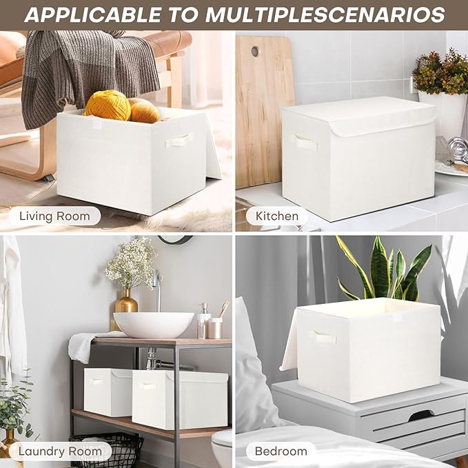 Large 17" 42 Quarts Collapsible Stackable Storage Bins with Lids [3-Pack] Foldable Fabric Linen Storage Boxes Cube, Closet Organizer Baskets with Label (16.7 x 12 x 12", White)