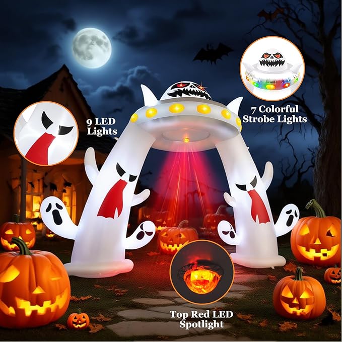 11FT Wide Halloween Inflatable Archway, 2025 Giant Inflatable Arch with Ghosts, Red Flame Light & Flashing Lights & LED Lights Outdoor Halloween Decor for Yard Garden Lawn Holiday Party