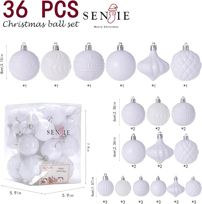 Senjie 36pcs Shatterproof Multi-Size Multi-Style White Christmas Ornaments