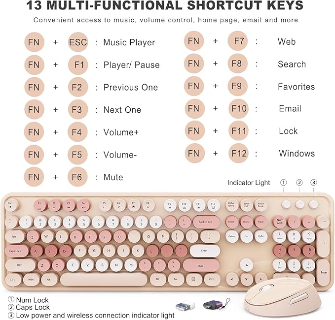 Wireless Keyboard and Mouse Combo, Ergonomic Full Size Typewriter Retro Round Keycaps Keyboard, Compatible with Windows, PC, Perfer for Home and Office Keyboards (Chocolate Color)