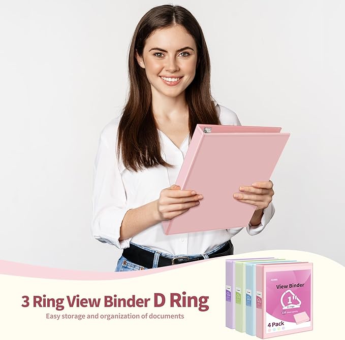 SUNEE 3 Ring Binder 1 Inch D Ring, Clear View Binder Three Ring PVC-Free (Fit 8.5x11 Inches) for School or Office Supplies, Assorted Pastel, 4 Pack