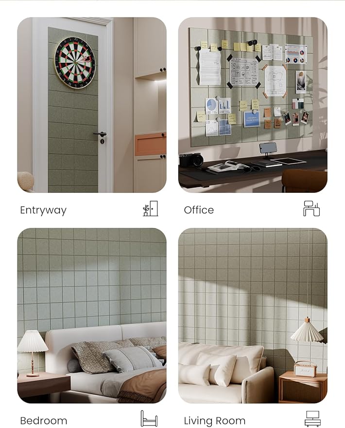 Bumusty Large Cork Board Alternative-47 x35 Felt Bulletin Board Tiles, with 30 Pushpins, 70 Adhesive Tabs, 12-Pack Slat Wall Paneling, Cork Boards for Office Push Pin Board Felt Board-Sage