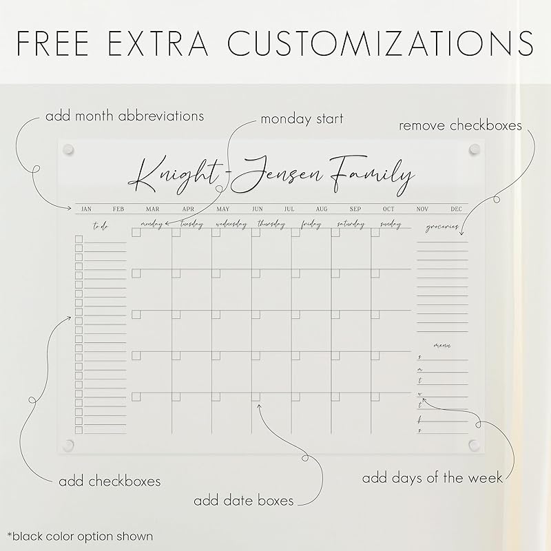 Personalized Clear Acrylic Calendar for Wall, Calendar Whiteboard for Wall, Dry Erase Wall Calendar, Wall Calendar Organizer System for Home (Cursive, Black, 23"W x18.5"H)